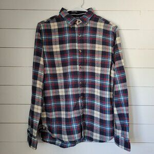 Denim & Flower Flannel Shirt Women's sz M Red White Blue Plaid Button Down Shirt